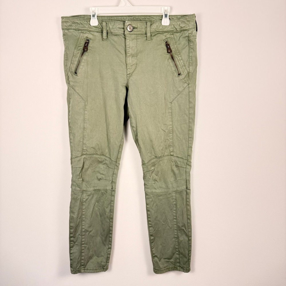 American Eagle Jegging Ankle Pants Olive Green Moto Utility Zipper Pockets Sz 10